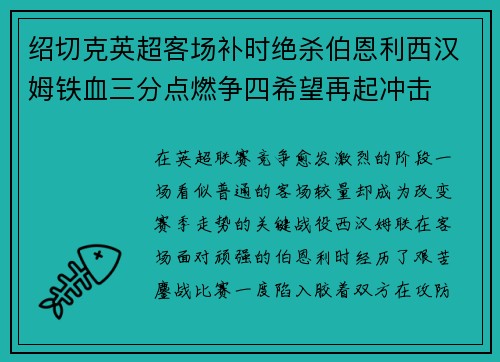 绍切克英超客场补时绝杀伯恩利西汉姆铁血三分点燃争四希望再起冲击 绍切克英超客场补时绝杀伯恩利西汉姆铁血三分点燃争四希望再起冲击